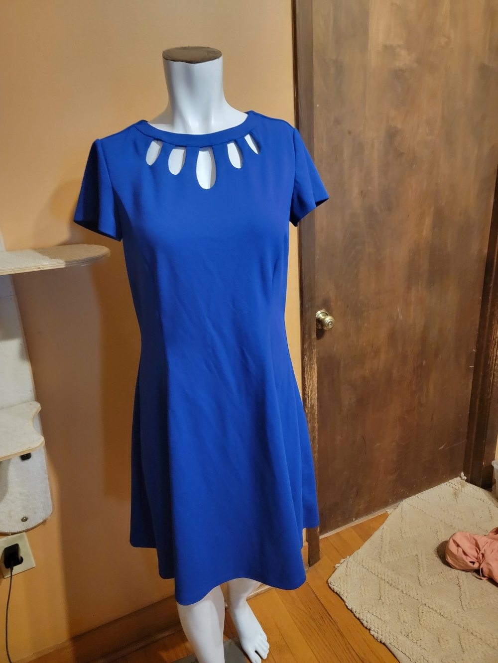 Women's Royal Blue Cutout Neck A-Line Dress